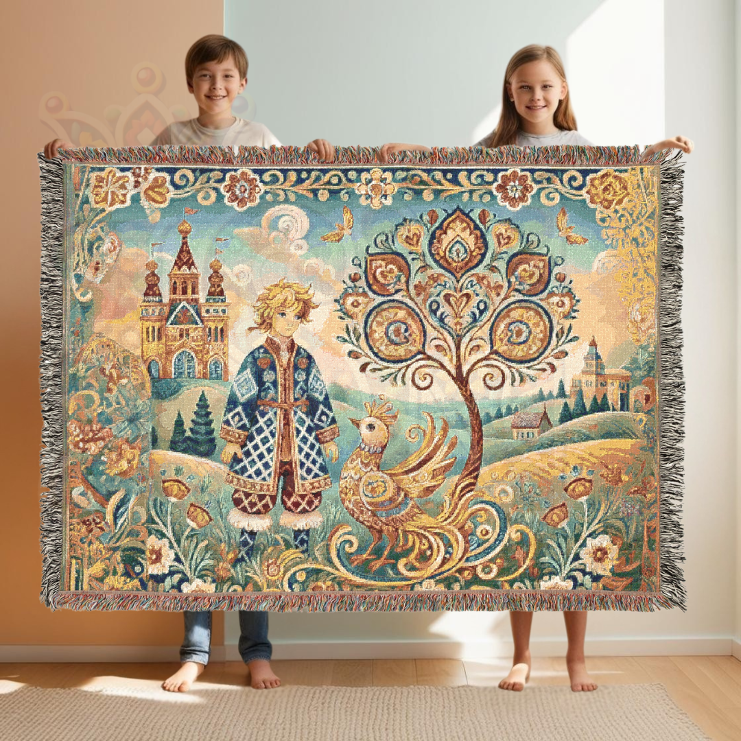 Fairy Tale Folk Art Woven Blanket – Enchanted Prince & Light Firebird, Slavic-Inspired Tapestry Throw for Cozy, Whimsical Décor