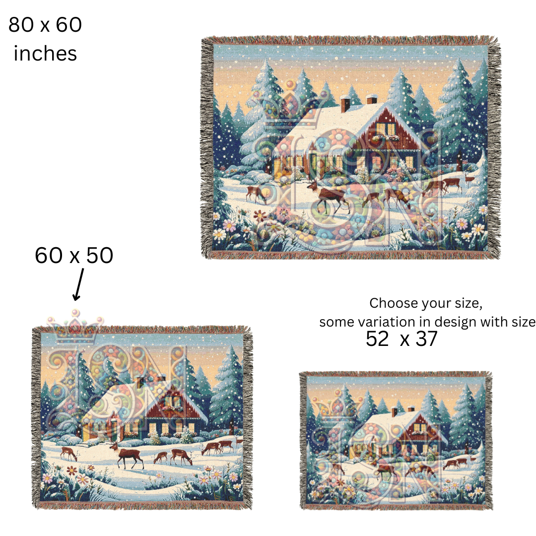 Winter’s Quiet Grace Nordic Folk Art Snowy Cabin Woven Blanket – Cozy 100% Cotton Throw