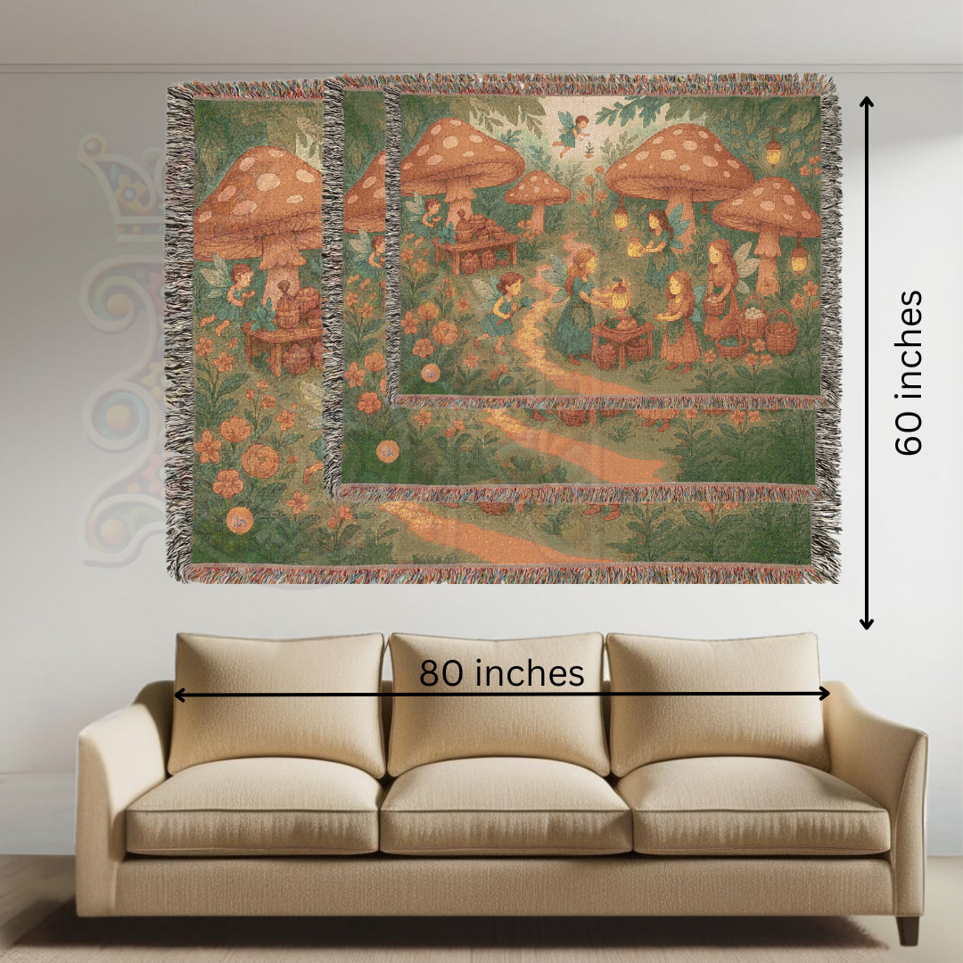 Mushroom Fairy Market Whimsical Fairycore Forest Gathering Woven Blanket – Magical Throw