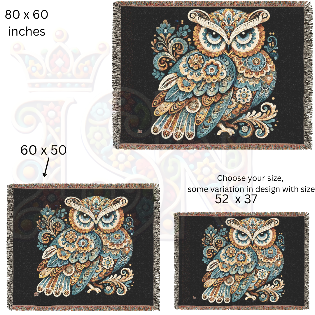 Boho Blue & Gold Owl Woven Blanket – 100% Cotton Tapestry Throw, Ornate Nature Decor, Elegant Couch Blanket, Nordic Owl Art Gift