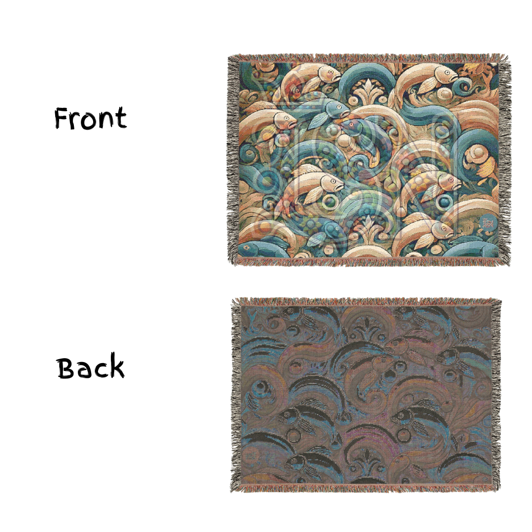River Dance Folk Art Woven Blanket – Vibrant Fish & Flowing Water Nature-Inspired Throw