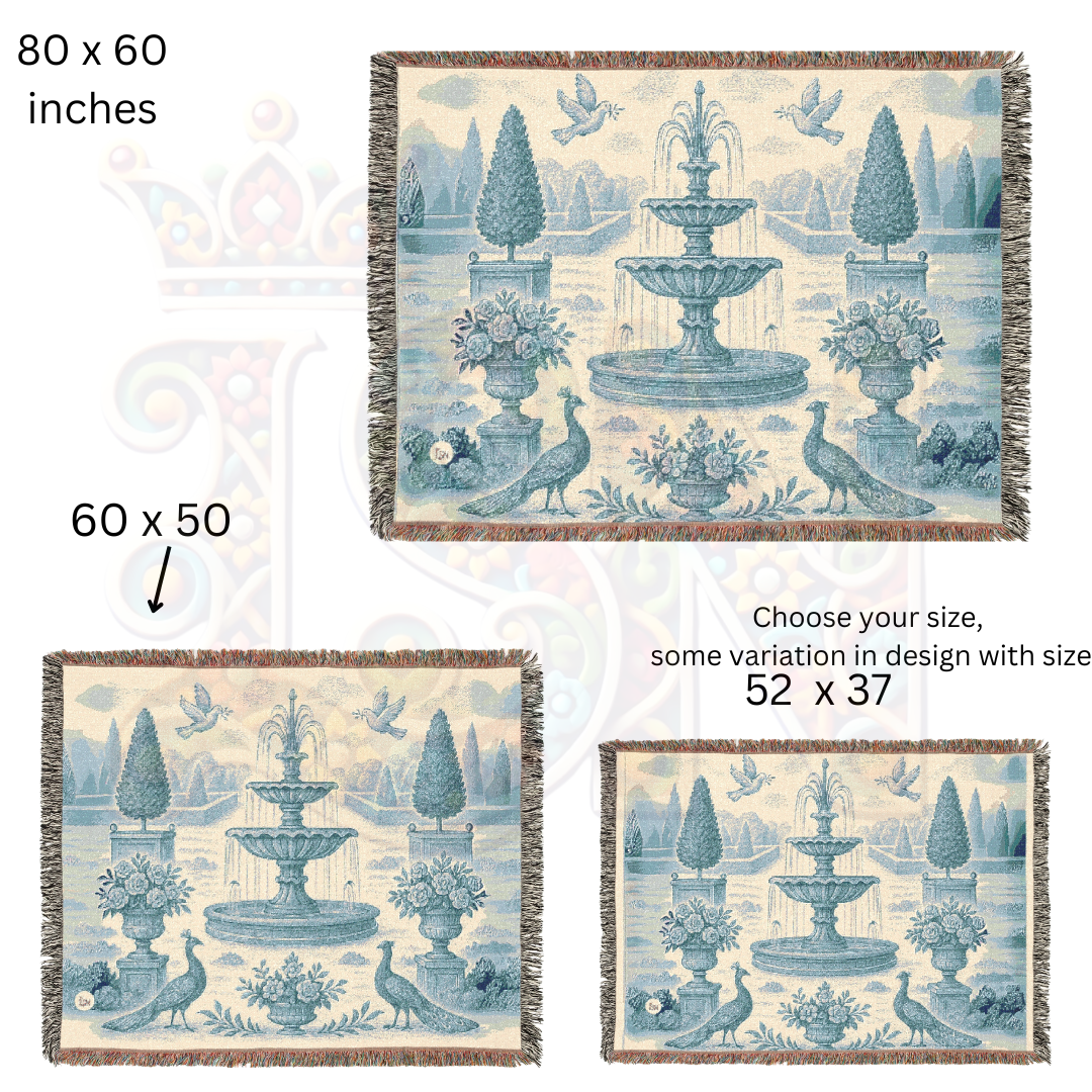 French Garden Peacock Woven Blanket – Blue Fountain Tapestry Throw for Elegant Wall Art or Sofa Décor – 100% Cotton Chateau Textile
