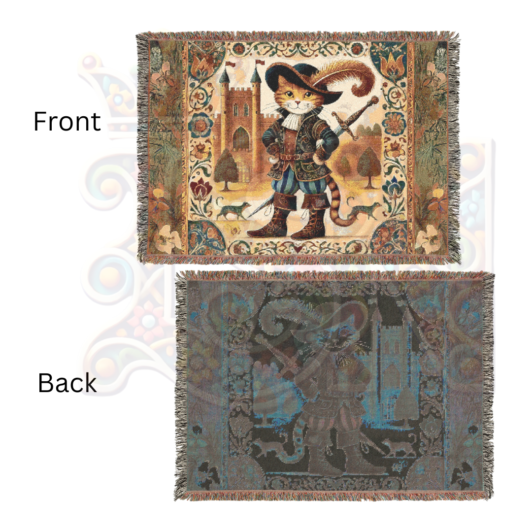 Puss in Boots Woven Blanket - 100% Cotton Tapestry Throw, Fairy Tale Cat Decor, Medieval Castle Art, Whimsical Vintage Gift
