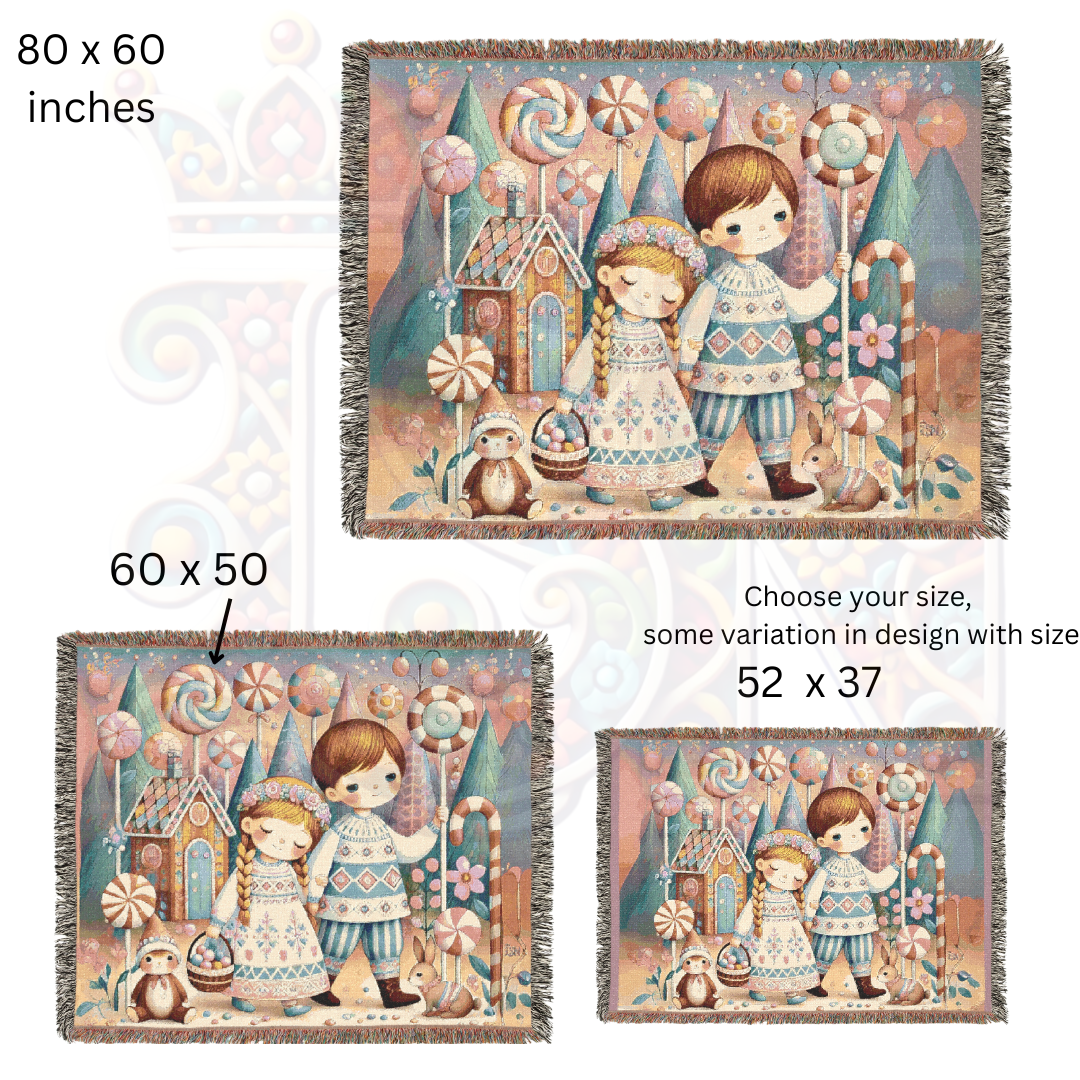 Hansel & Gretel Inspired Enchanted Candyland Village – Fairytale Woven Blanket