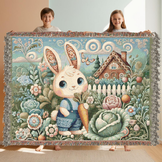 Whimsical Cottagecore Male Bunny Blanket | 100% Cotton Woven Throw | Cozy Fairy Tale Rabbit & Floral Farmhouse Tapestry