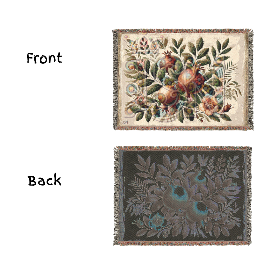Pomegranate Blessing Woven Botanical Throw Blanket – 100% Cotton Heirloom Tapestry for Home & Gift