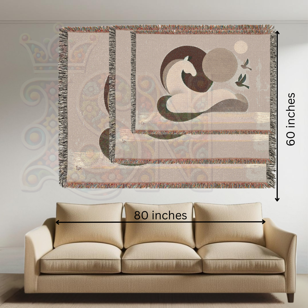 Serene Equine Minimalist Horse and Birds Woven Blanket, Earth Tone Cozy Throw, Modern Nature-Inspired Home Decor Gift
