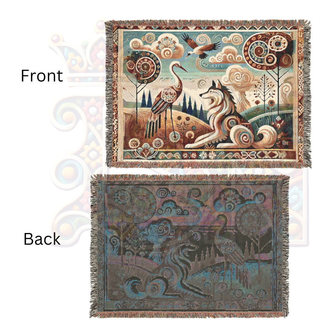 Boho Mystical Wolf & Crane Tapestry Blanket – Inspired by Aesop's Fables - Folk Art Nature Woven Throw, Whimsical Animal Decor for Dreamy Homes & Cozy Spaces