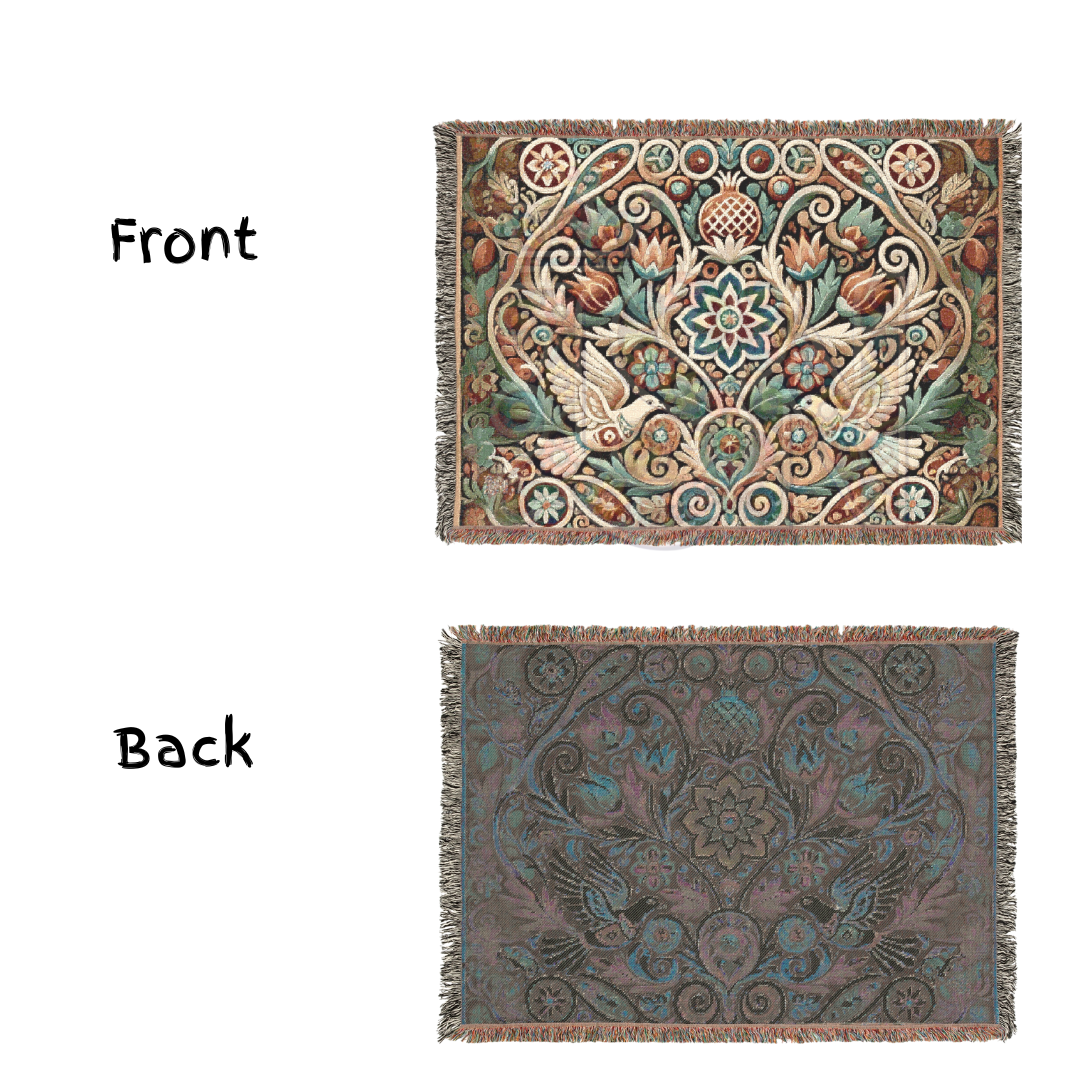 Peaceful Harmony Folk Art Dove Woven Blanket – Elegant Ornate Throw with Symbolic Doves & Garden Motifs