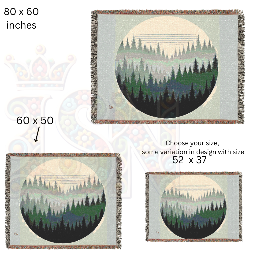 Forest Circle Minimalist Woven Blanket, Layered Woodland Pines Cozy Throw, Nature Inspired Home Decor Gift
