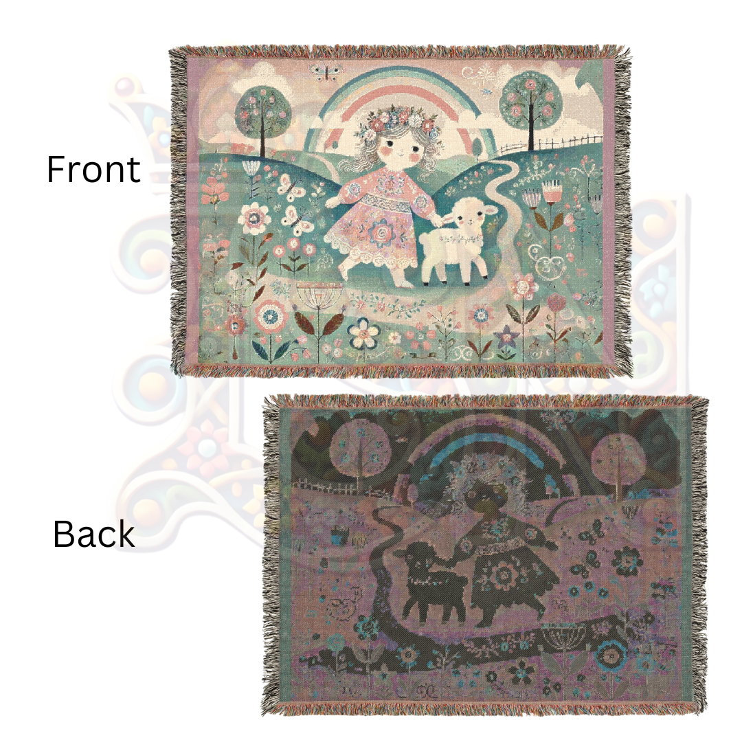 Mary Had a Little Lamb Woven Blanket, Light Pastel Fairytale Cotton Tapestry Throw