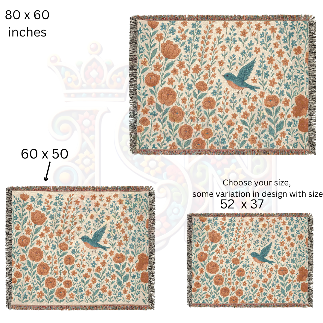 Bluebird’s Garden Woven Blanket – Fairycore Floral Throw, Cozy Nature-Inspired Nursery Decor