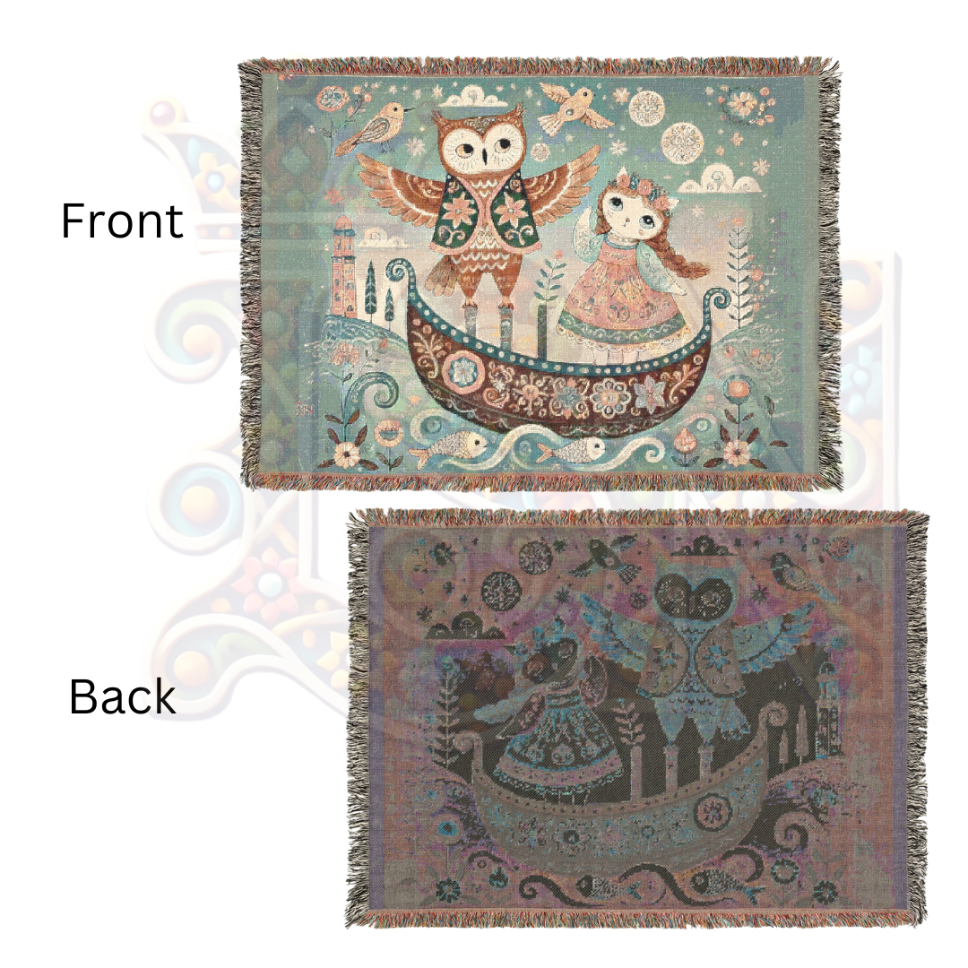 Owl & Pussycat Folk Art Woven Blanket, 100% Cotton Tapestry – Whimsical Storybook Throw, Boho Light Cottagecore Decor, Unique Gift for Dreamers