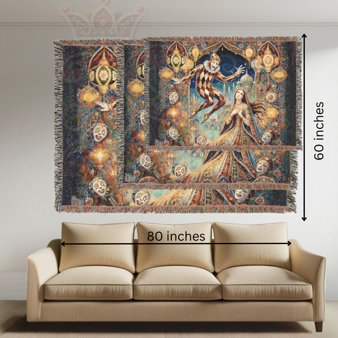 Enchanting Harlequin & Maiden Woven Blanket – 100% Cotton, Fantasy Tapestry, Bohemian Home Decor, Gothic Art Throw, Unique Gift