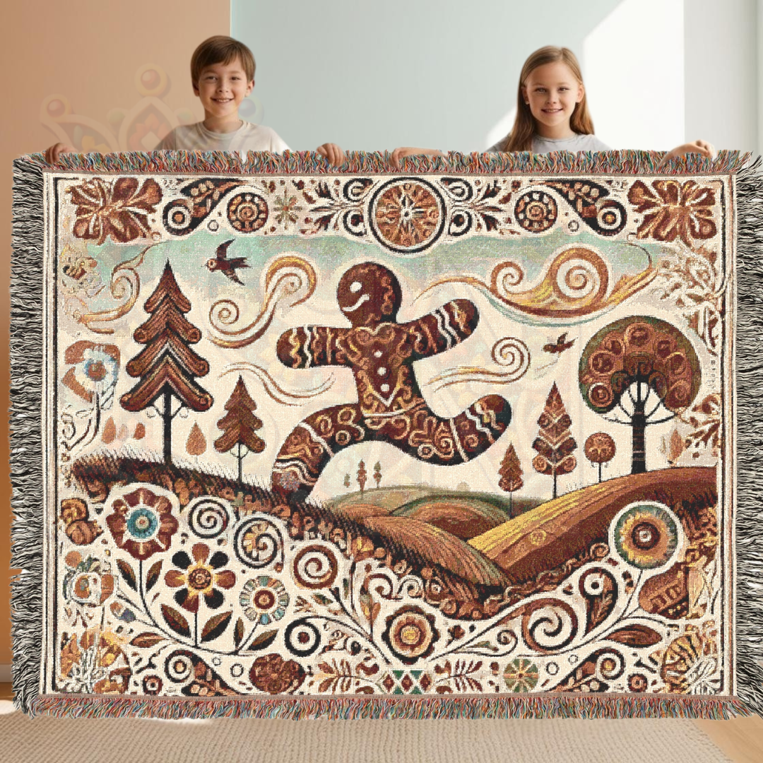 Whimsical Gingerbread Village Woven Blanket – Cozy Folk Art