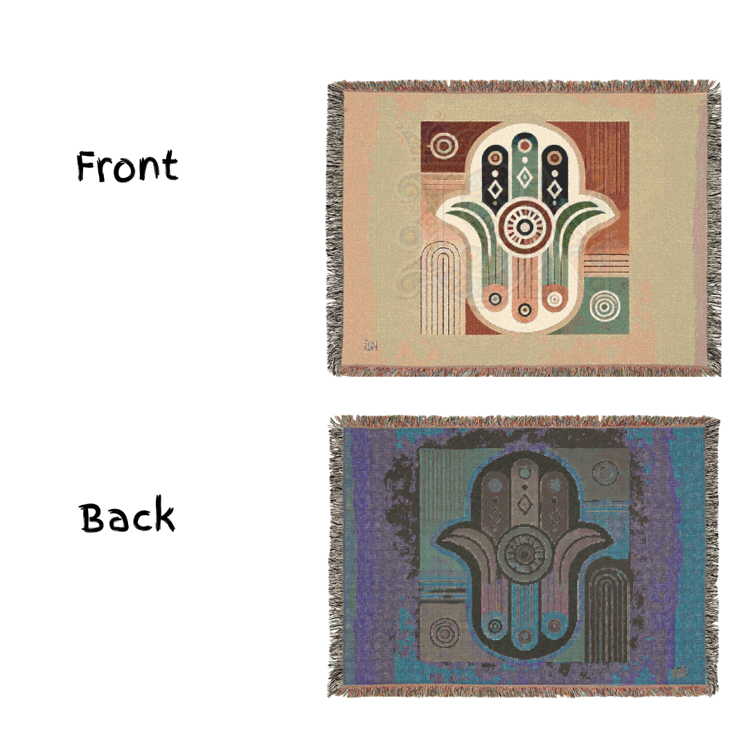 Hand Hamsa Folk Art Woven Blanket – Symbolic Hand of Protection & Peace Throw
