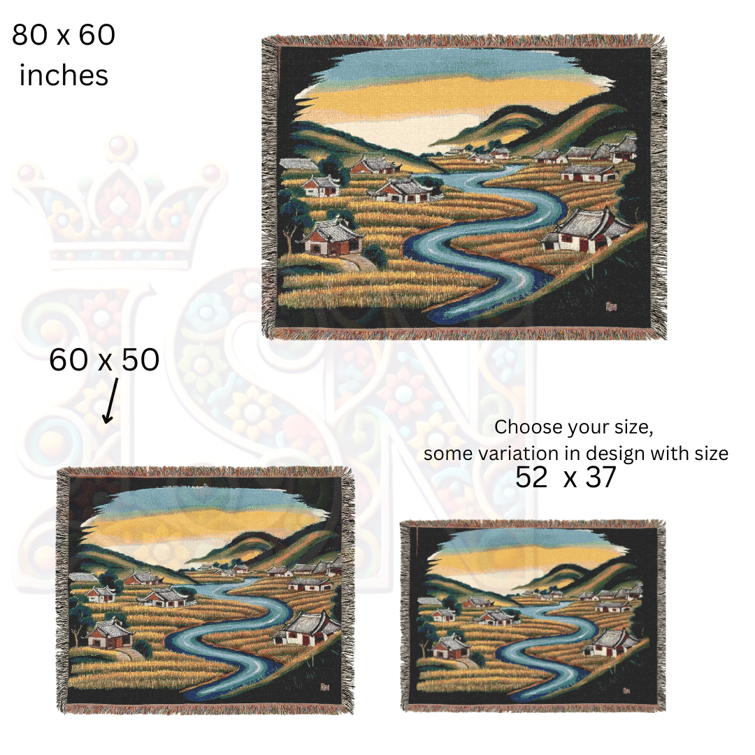 River of Rice – Asian Korean Folk Art Woven Throw Blanket with Countryside Village Scene