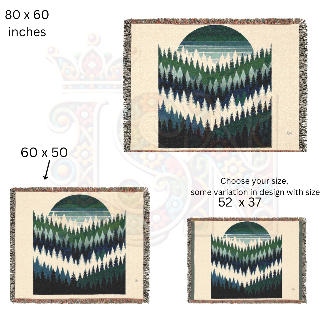 Forest Sunset Woven Blanket, 100% Cotton Throw – Nature-Inspired Cozy Tapestry for Home, Cabin, or Adventure Lovers