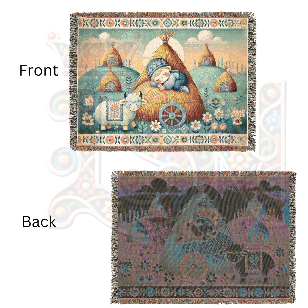 Little Boy Blue Inspired Cozy Farm Woven Blanket – 100% Cotton Tapestry Throw – Sleeping Boy & Sheep Pastoral Scene, Rustic Country Decor, Folk Art Style