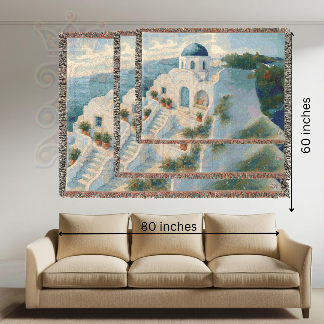 Cliffside Calm – Greek Villa Woven Blanket with Blue Dome & Coastal Landscape