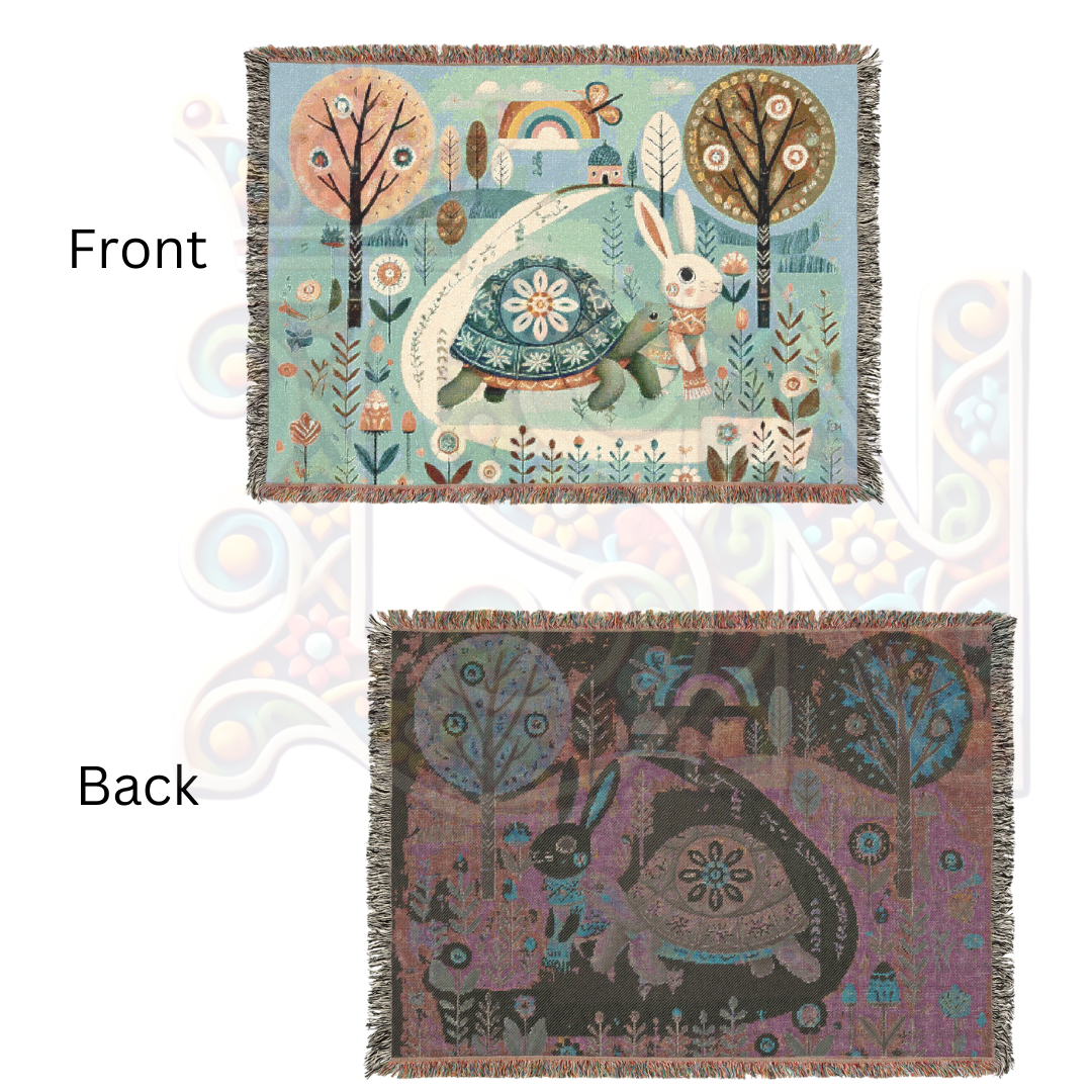 Whimsical Folk Art Woven Blanket – Tortoise & Hare Race | 100% Cotton Cozy Throw | Nursery, Cottagecore & Storybook-Inspired Décor