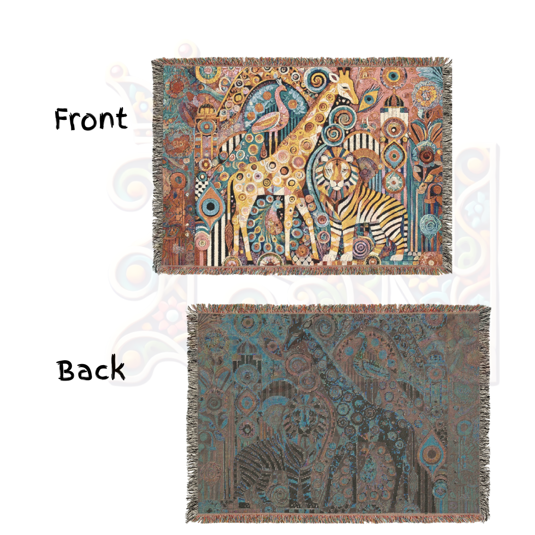 Abstract Safari Animal Woven Blanket – Giraffe, Lion & Zebra Boho Tapestry, Vibrant Folk Art Wildlife Decor, Cozy Jungle-Inspired Throw