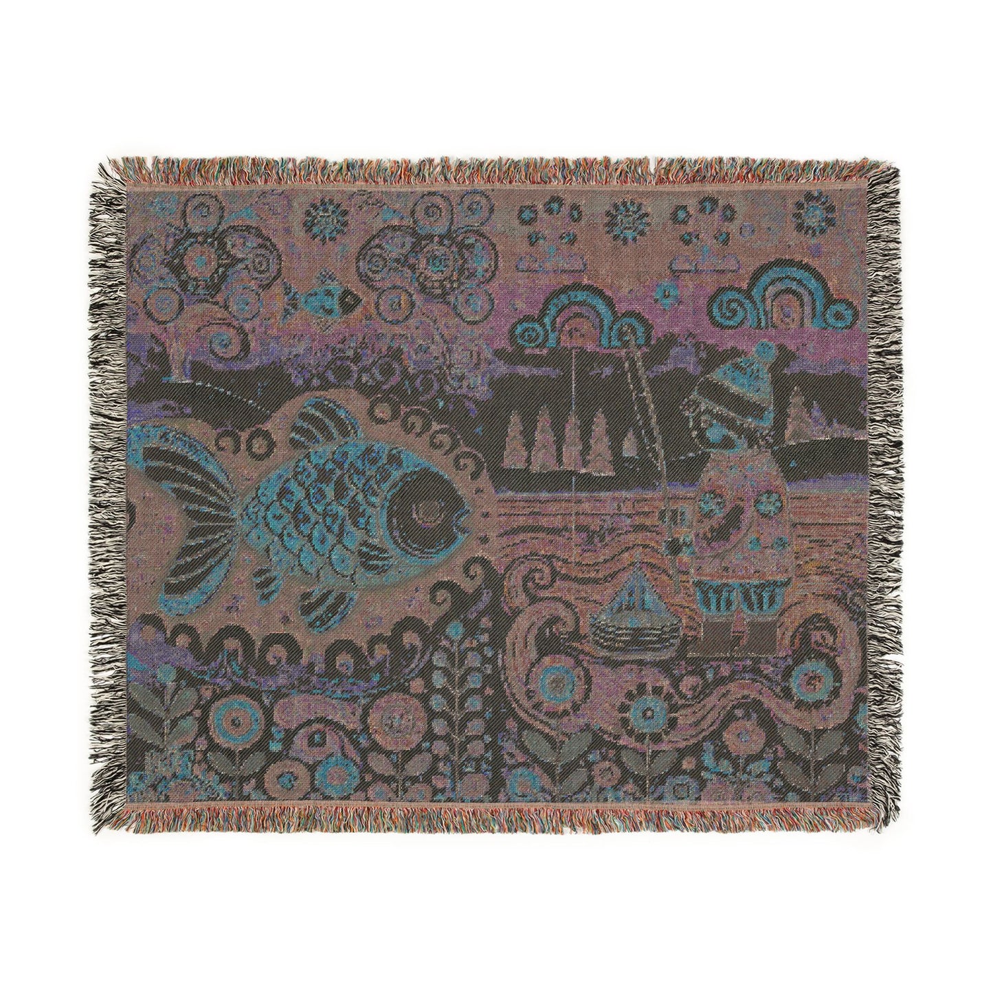 Golden Fish & Little Fisherman Woven Blanket, Folk Art Fairytale Light Tapestry – 100% Cotton Cozy Throw