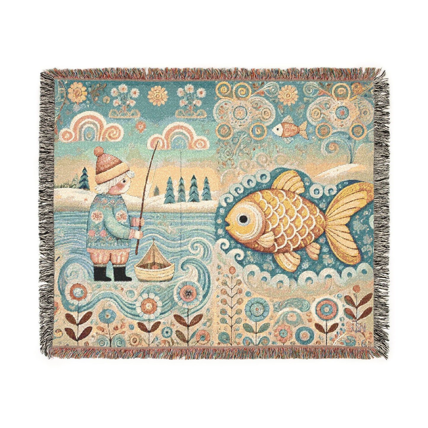 Golden Fish & Little Fisherman Woven Blanket, Folk Art Fairytale Light Tapestry – 100% Cotton Cozy Throw