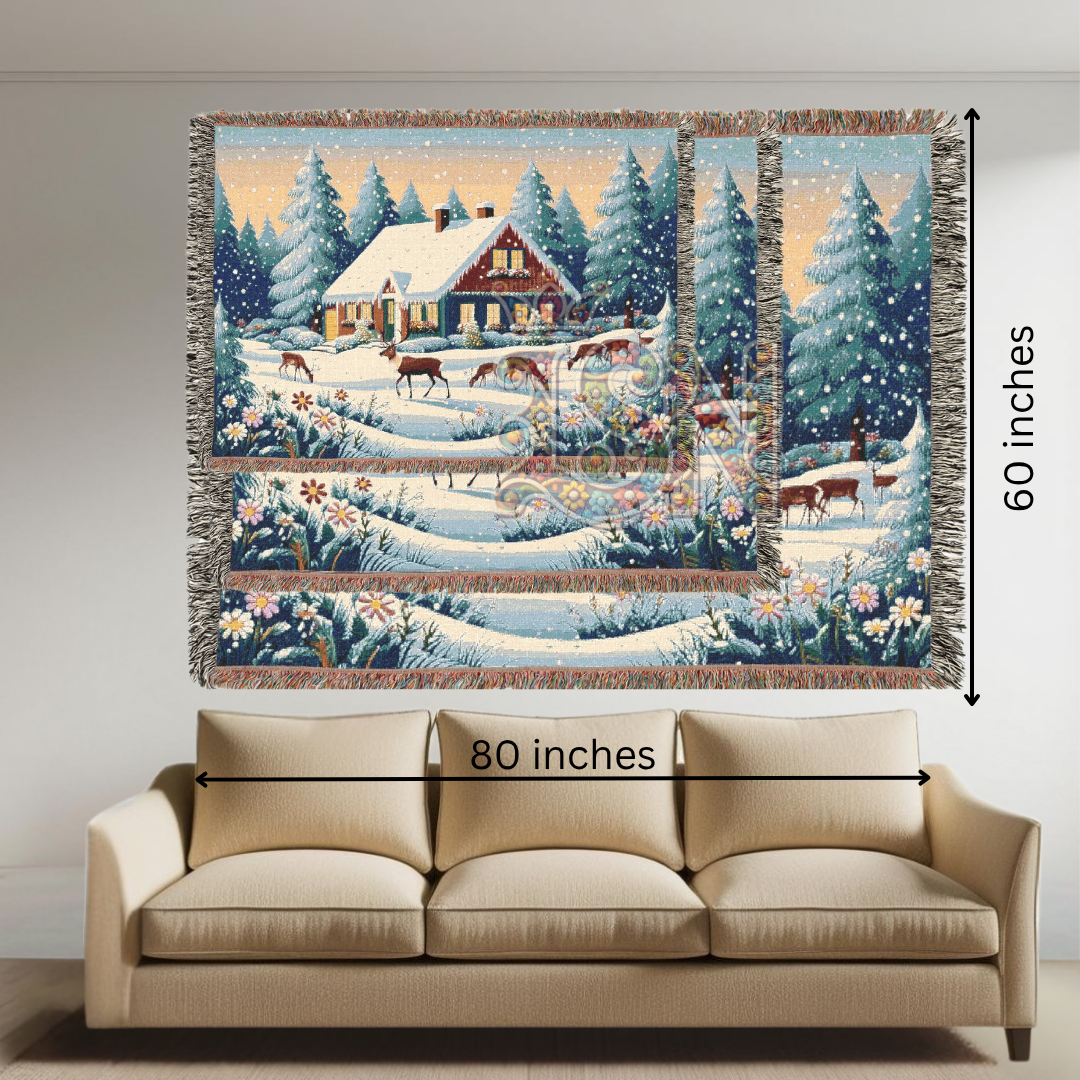 Winter’s Quiet Grace Nordic Folk Art Snowy Cabin Woven Blanket – Cozy 100% Cotton Throw