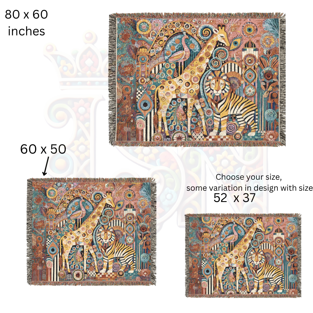 Abstract Safari Animal Woven Blanket – Giraffe, Lion & Zebra Boho Tapestry, Vibrant Folk Art Wildlife Decor, Cozy Jungle-Inspired Throw