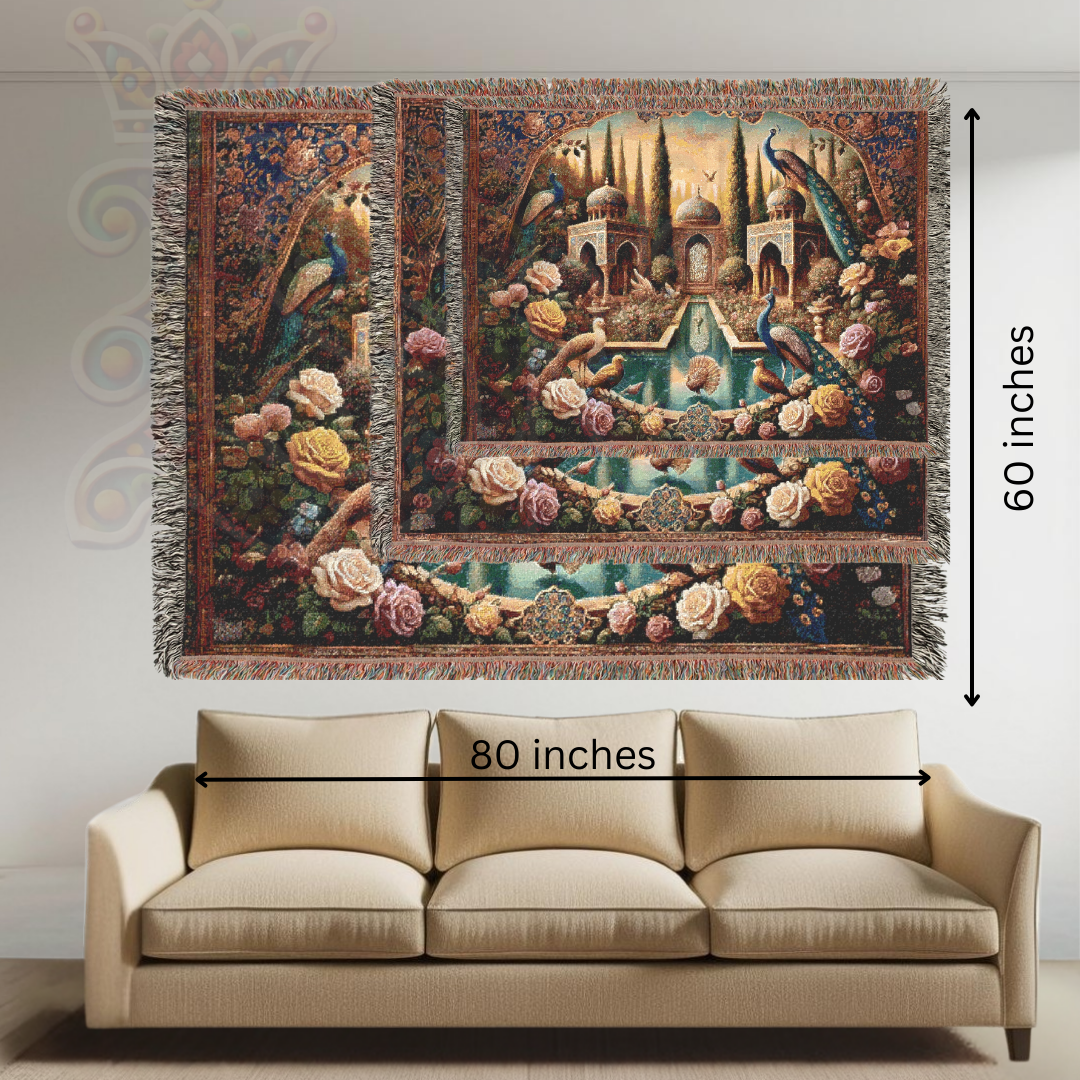 Birds of Persia Woven Blanket, 100% Cotton Throw, Elegant Persian Garden Art, Peacock Tapestry, Luxurious Home Decor & Boho Accent