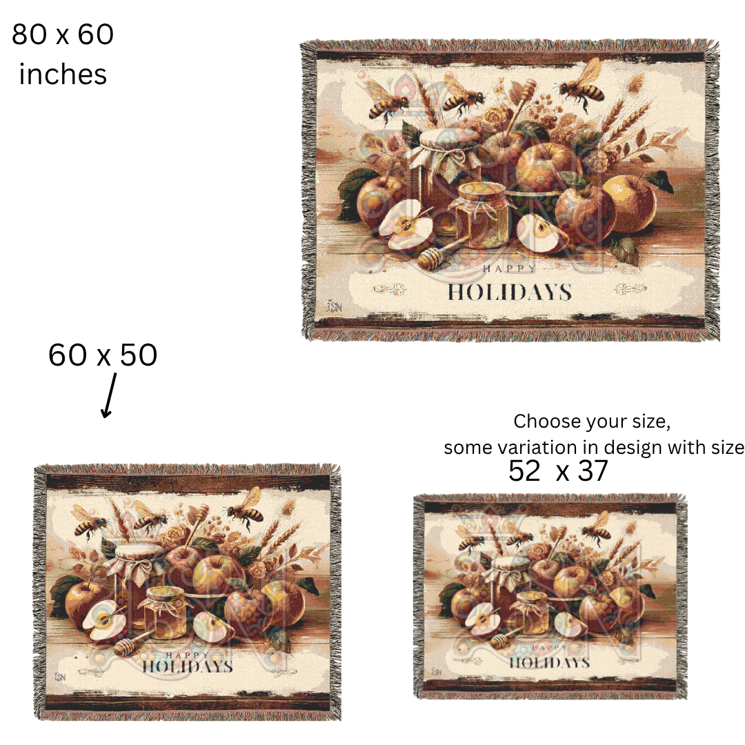 Happy Holidays Apples & Honey Folk Art Woven Blanket – Festive Seasonal Throw