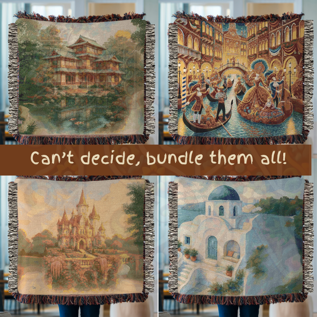 Cliffside Calm – Greek Villa Woven Blanket with Blue Dome & Coastal Landscape