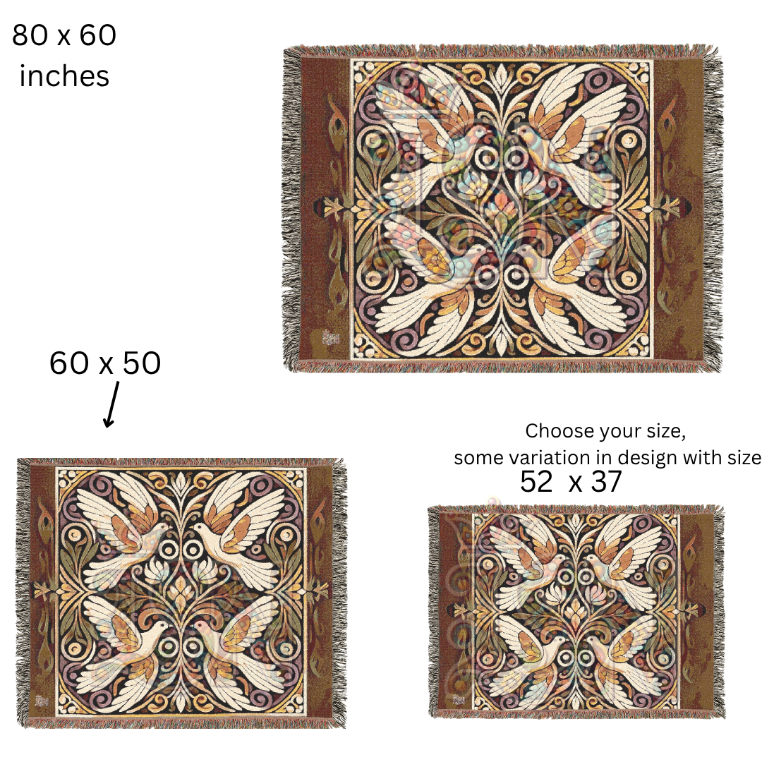 Four Doves Harmony Folk Art Woven Blanket – Peaceful Unity Throw with Ornamental Floral Design