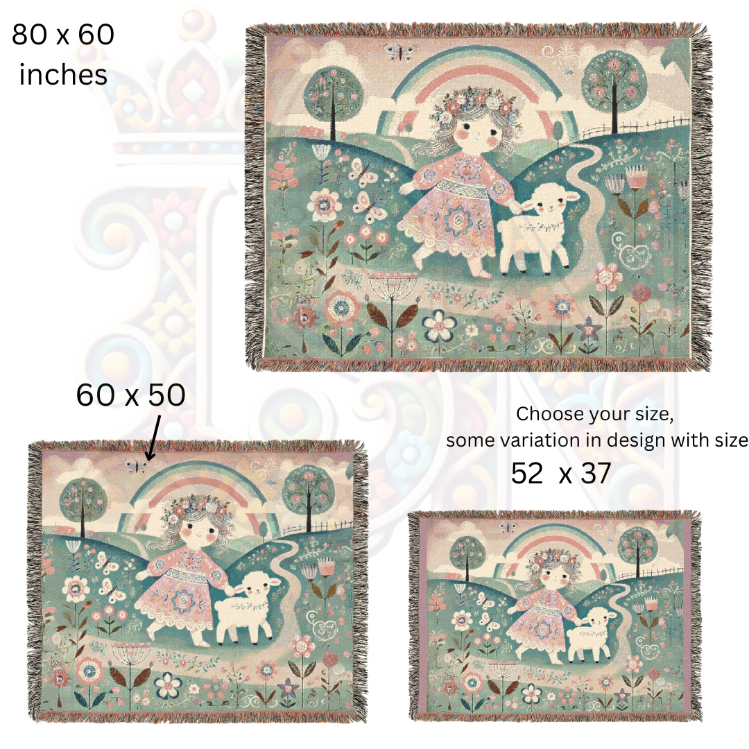 Mary Had a Little Lamb Woven Blanket, Light Pastel Fairytale Cotton Tapestry Throw