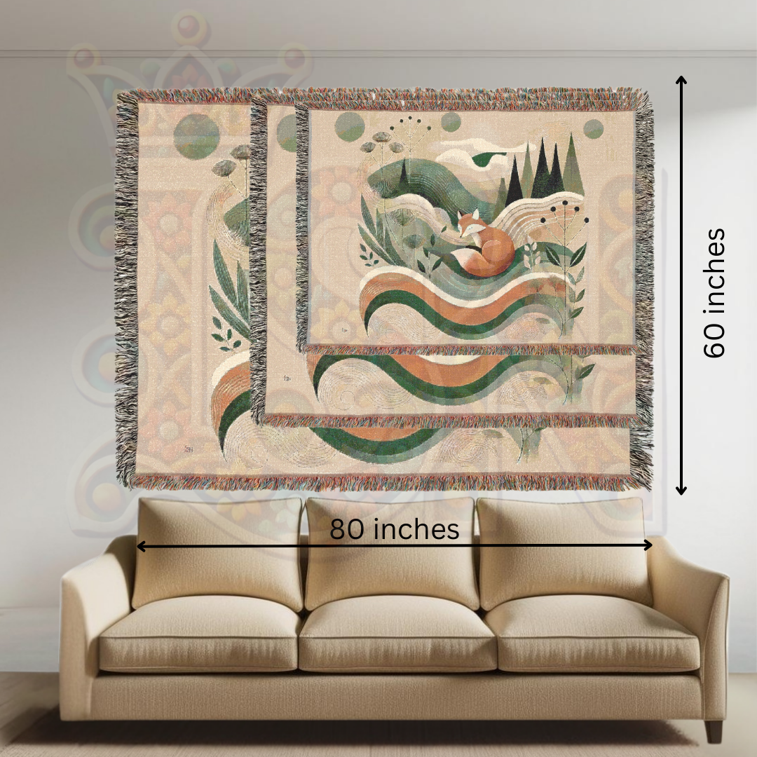 Fox Woven Blanket - 100% Cotton Nature Throw, Cozy Woodland Decor, Boho Tapestry, Minimalist Forest Aesthetic, Unique Art Gift