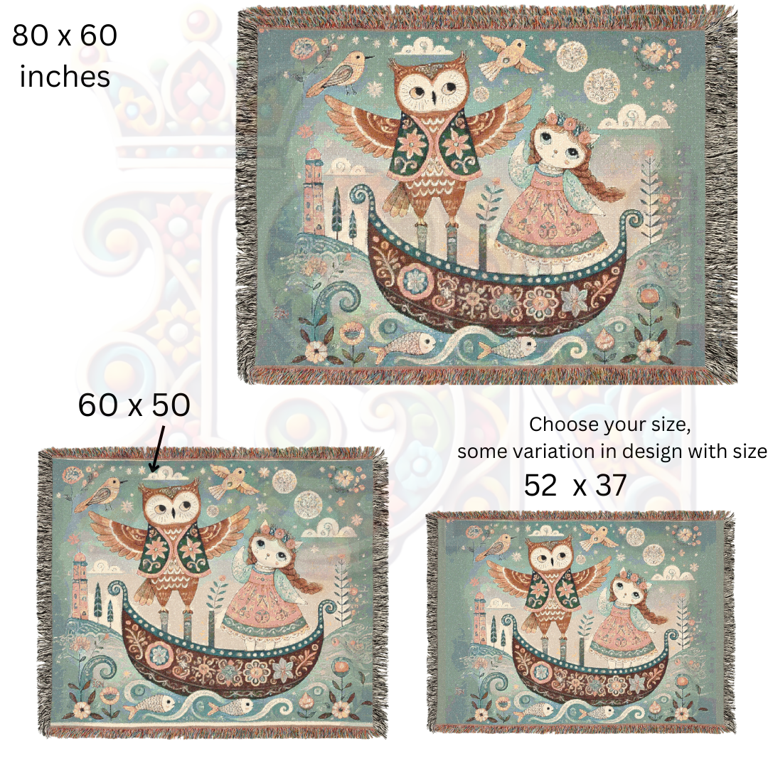 Owl & Pussycat Folk Art Woven Blanket, 100% Cotton Tapestry – Whimsical Storybook Throw, Boho Light Cottagecore Decor, Unique Gift for Dreamers