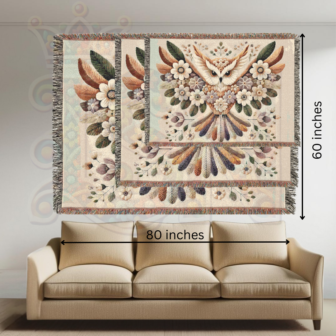 Floral Owl Woven Blanket – Cottagecore Boho Throw, 100% Cotton, Nature-Inspired Home Decor, Cozy Gift for Bird Lovers