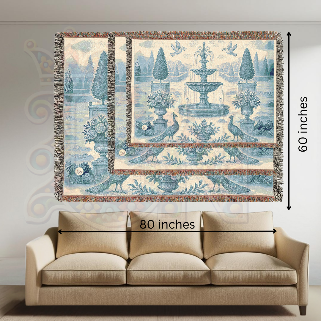 French Garden Peacock Woven Blanket – Blue Fountain Tapestry Throw for Elegant Wall Art or Sofa Décor – 100% Cotton Chateau Textile