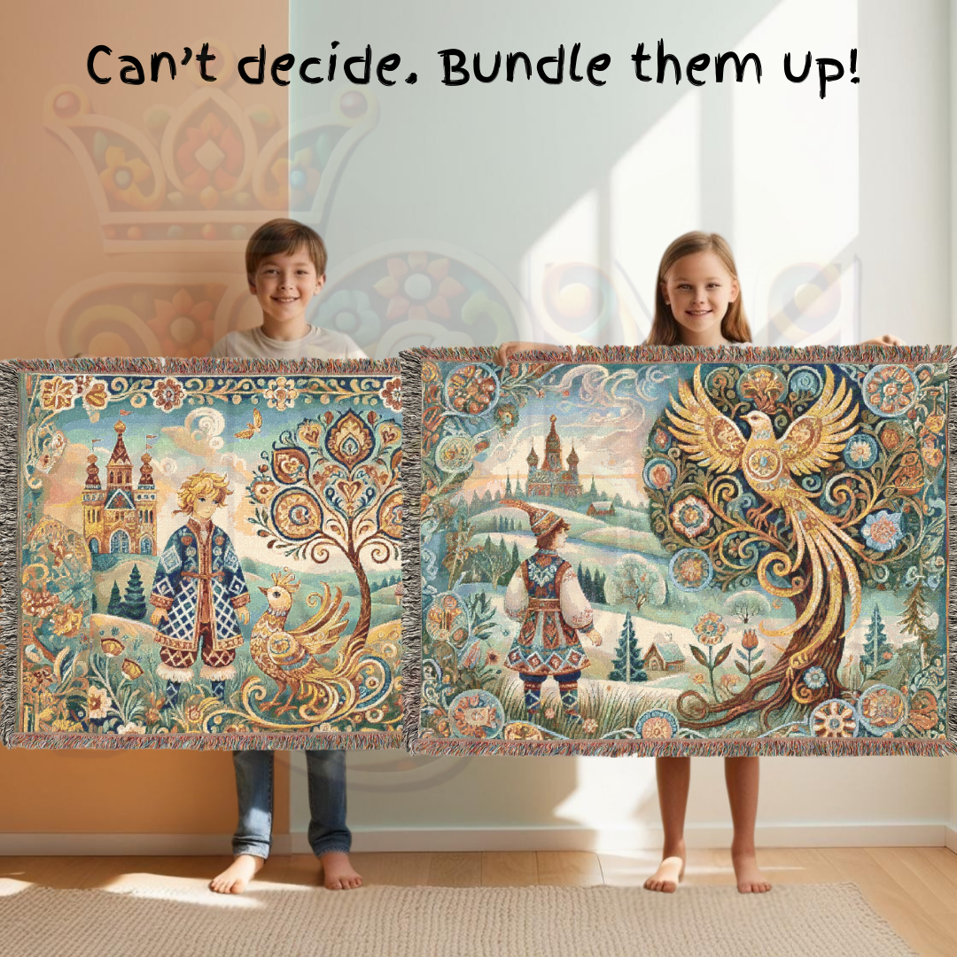 Fairy Tale Folk Art Woven Blanket – Enchanted Prince & Light Firebird, Slavic-Inspired Tapestry Throw for Cozy, Whimsical Décor