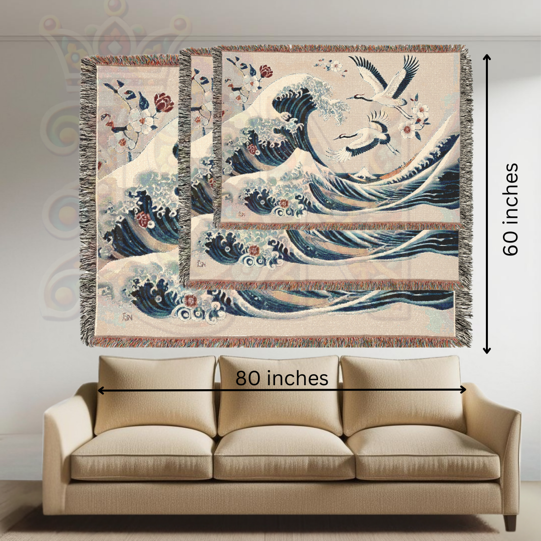 Japanese Wave & Crane Woven Blanket – 100% Cotton Tapestry Elegant Ocean Throw, Traditional Art Home Decor, Ukiyo-e Inspired Gift