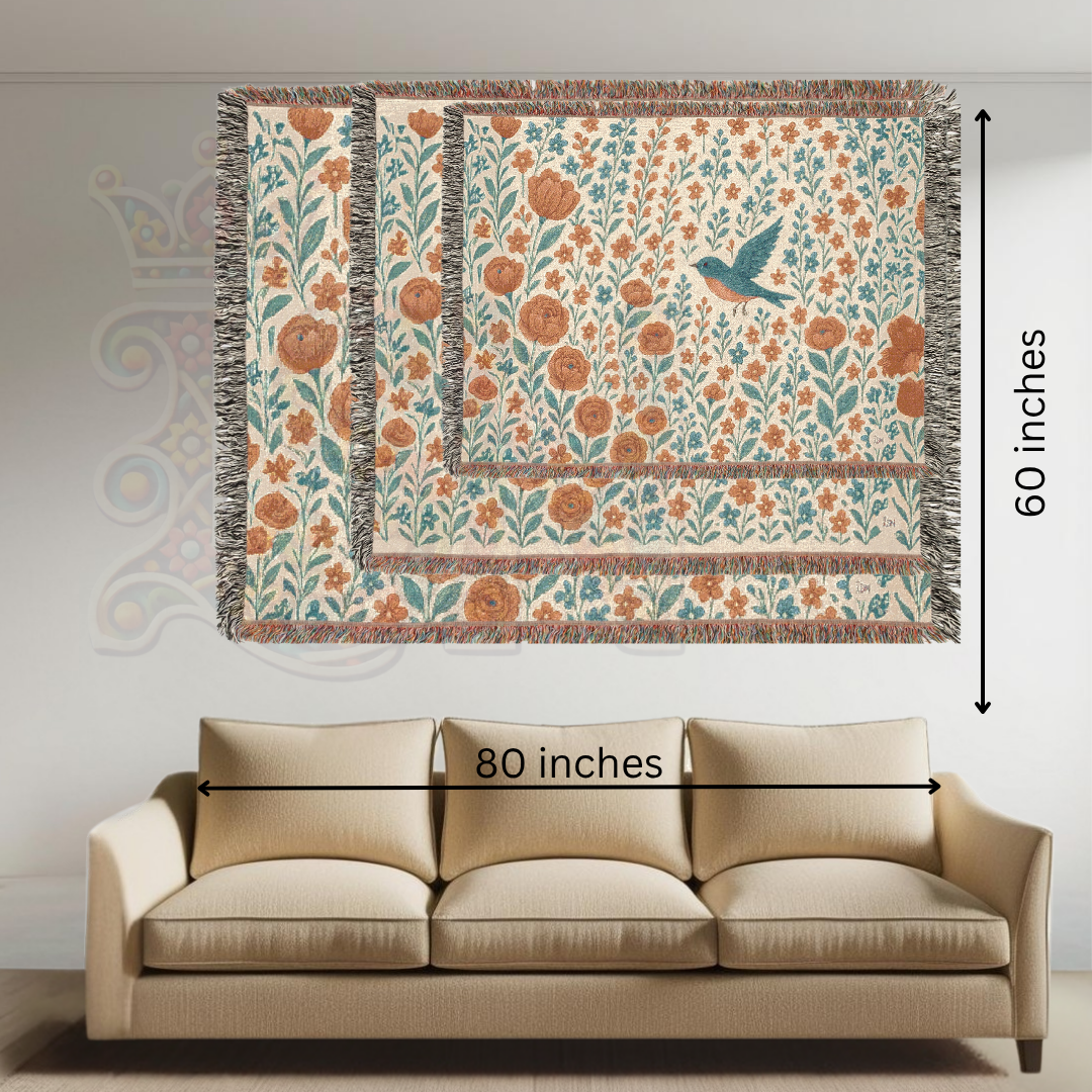 Bluebird’s Garden Woven Blanket – Fairycore Floral Throw, Cozy Nature-Inspired Nursery Decor