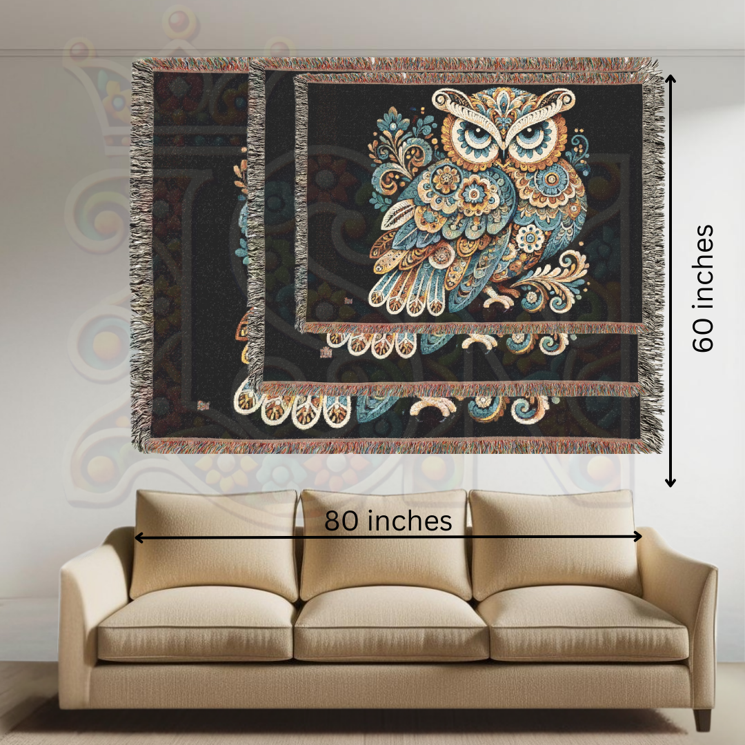 Boho Blue & Gold Owl Woven Blanket – 100% Cotton Tapestry Throw, Ornate Nature Decor, Elegant Couch Blanket, Nordic Owl Art Gift
