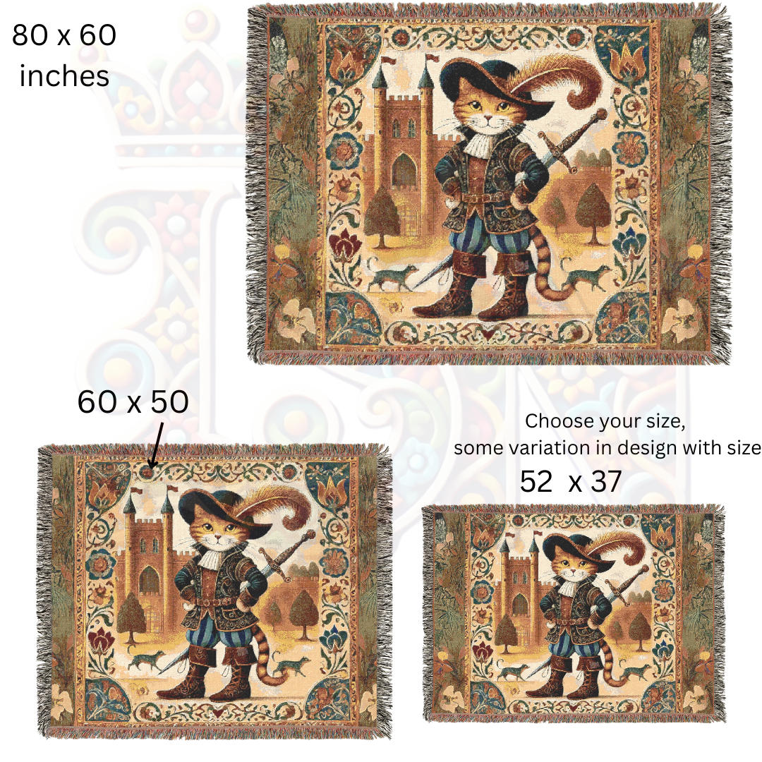 Puss in Boots Woven Blanket - 100% Cotton Tapestry Throw, Fairy Tale Cat Decor, Medieval Castle Art, Whimsical Vintage Gift
