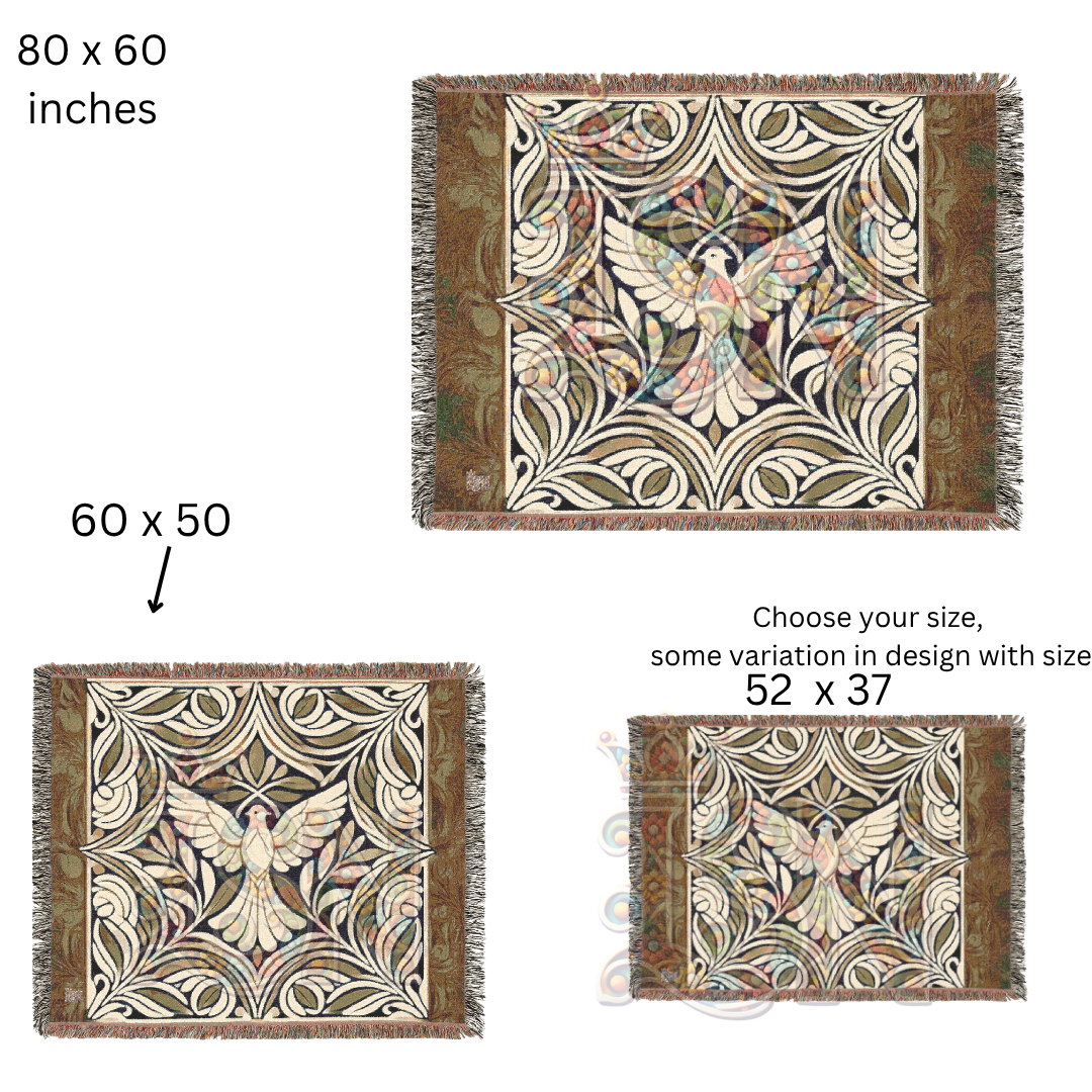 Graceful Flight Folk Art Dove Woven Blanket – Majestic Peace Symbol Throw with Ornate Nature Design
