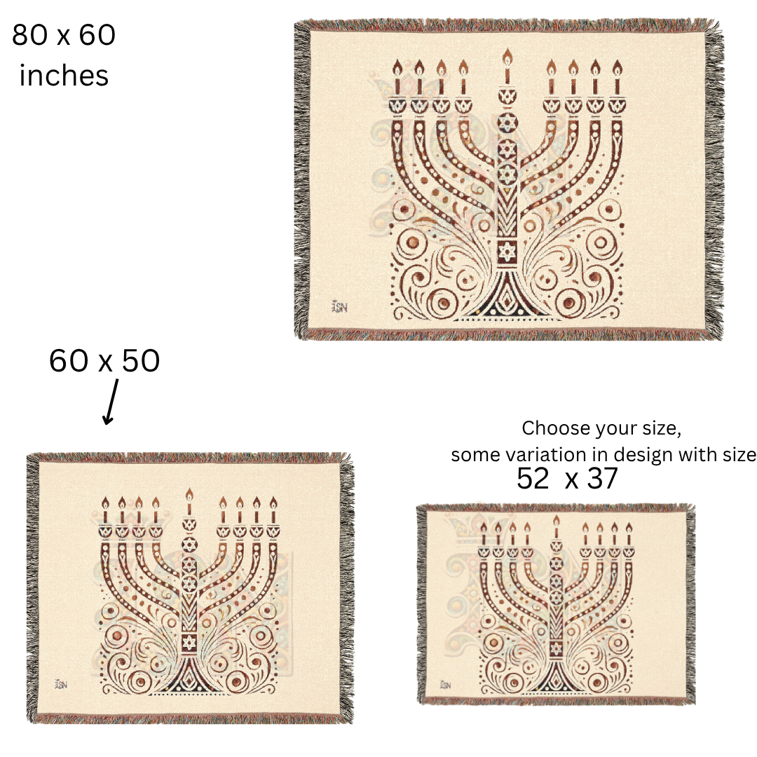 Radiant Menorah Folk Art Woven Blanket – Hanukkah Symbol of Light & Tradition Throw