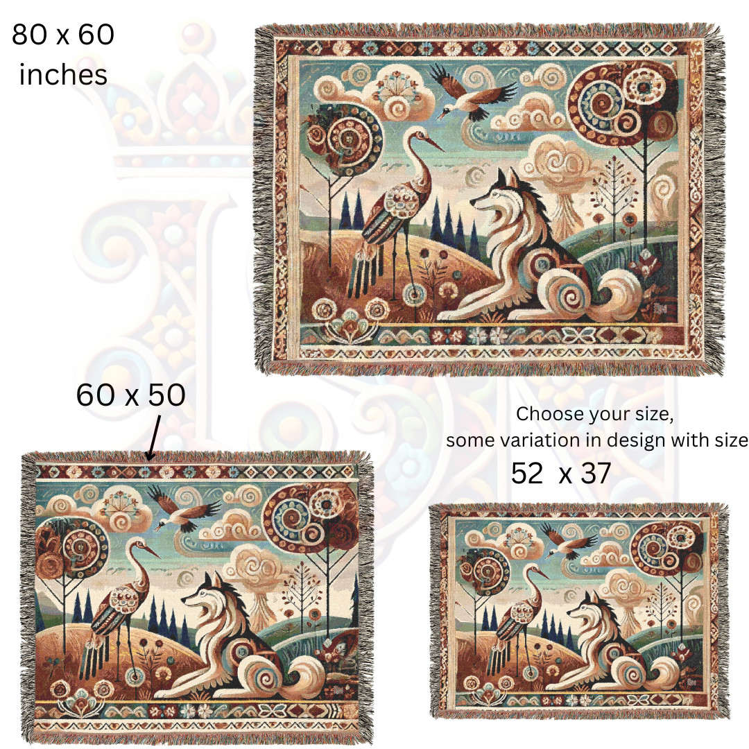 Boho Mystical Wolf & Crane Tapestry Blanket – Inspired by Aesop's Fables - Folk Art Nature Woven Throw, Whimsical Animal Decor for Dreamy Homes & Cozy Spaces