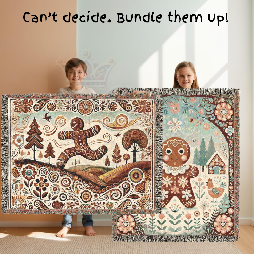 Whimsical Gingerbread Village Woven Blanket – Cozy Folk Art