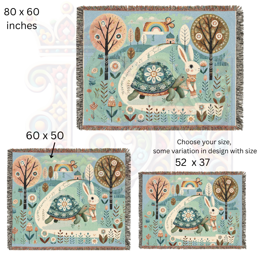 Whimsical Folk Art Woven Blanket – Tortoise & Hare Race | 100% Cotton Cozy Throw | Nursery, Cottagecore & Storybook-Inspired Décor