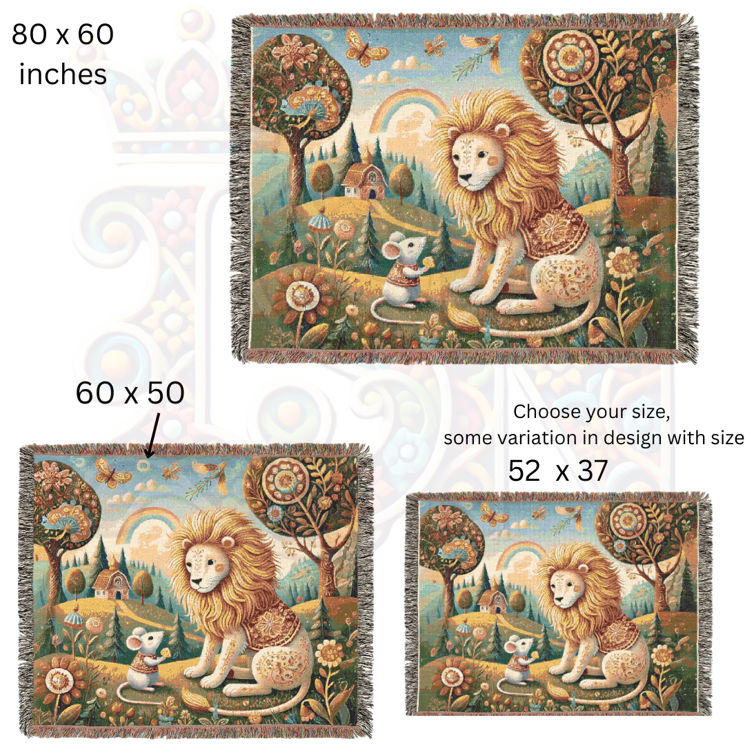 Enchanted Folk Art Woven Blanket – Storybook Lion & Mouse Tapestry | Cozy 100% Cotton Boho Woodland Throw, Nursery & Home Decor